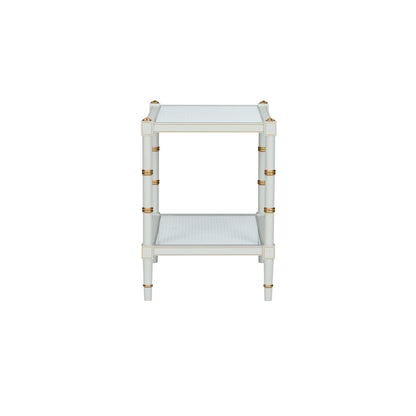 Conner Cane End Table – Gray with Gold Hand-Painted Details and Natural Caned Shelf