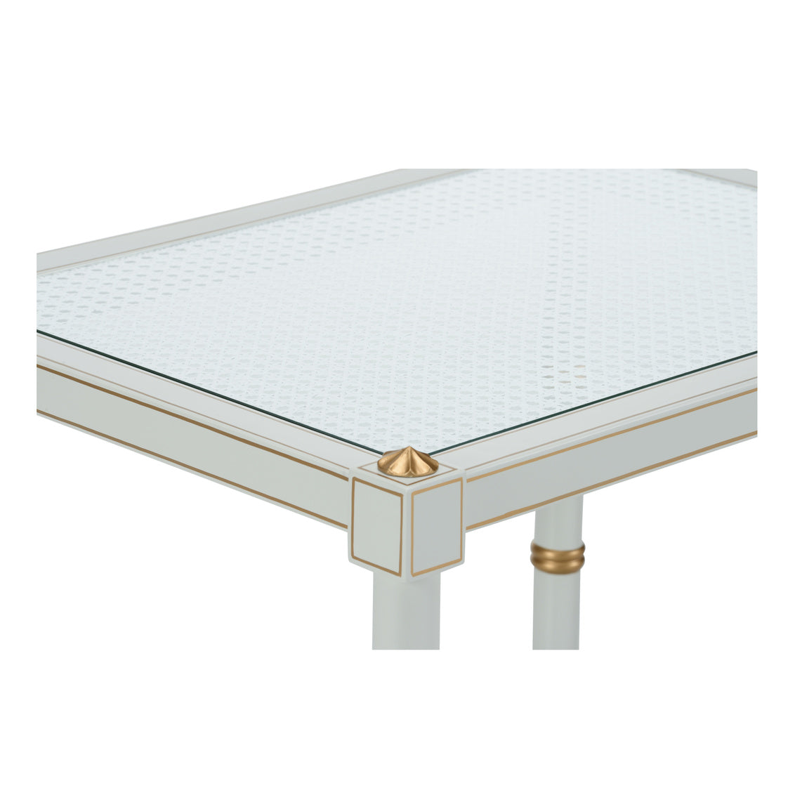 Conner Cane End Table – Gray with Gold Hand-Painted Details and Natural Caned Shelf