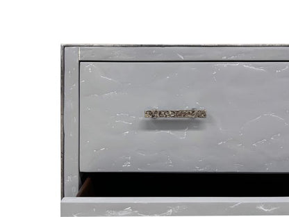 Maitland Smith San Juan Chest of Drawers – Mist Grey Lacquer & Polished Nickel Finish, 3-Drawer Chest