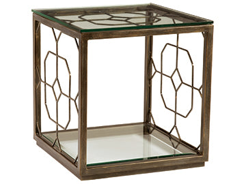 Artistica Honeycomb Square End Table, Hand-Forged Iron Base, Flat Edge Glass Top