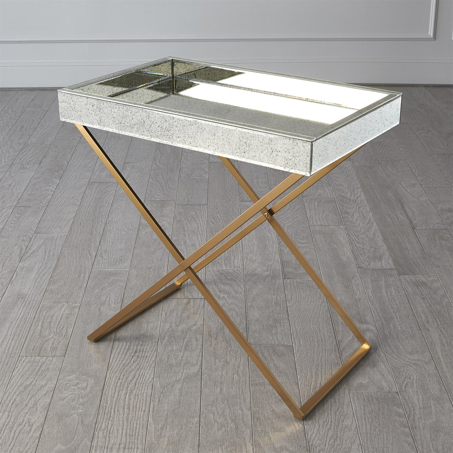 ANTIQUE MIRROR IN BRASS FOLDING TRAY TABLE