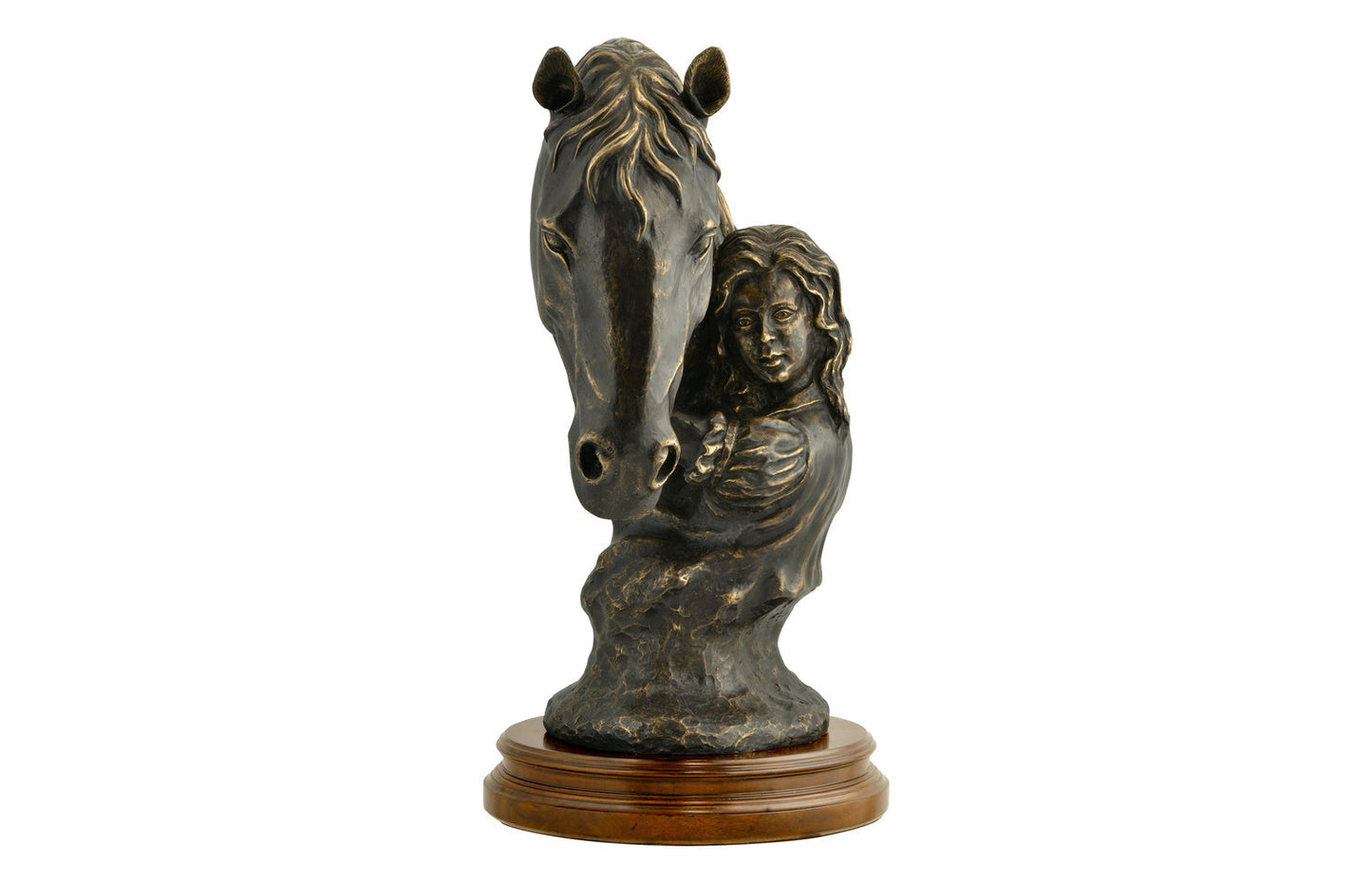 Antique Dark Bronze Young Girl & Her Horse