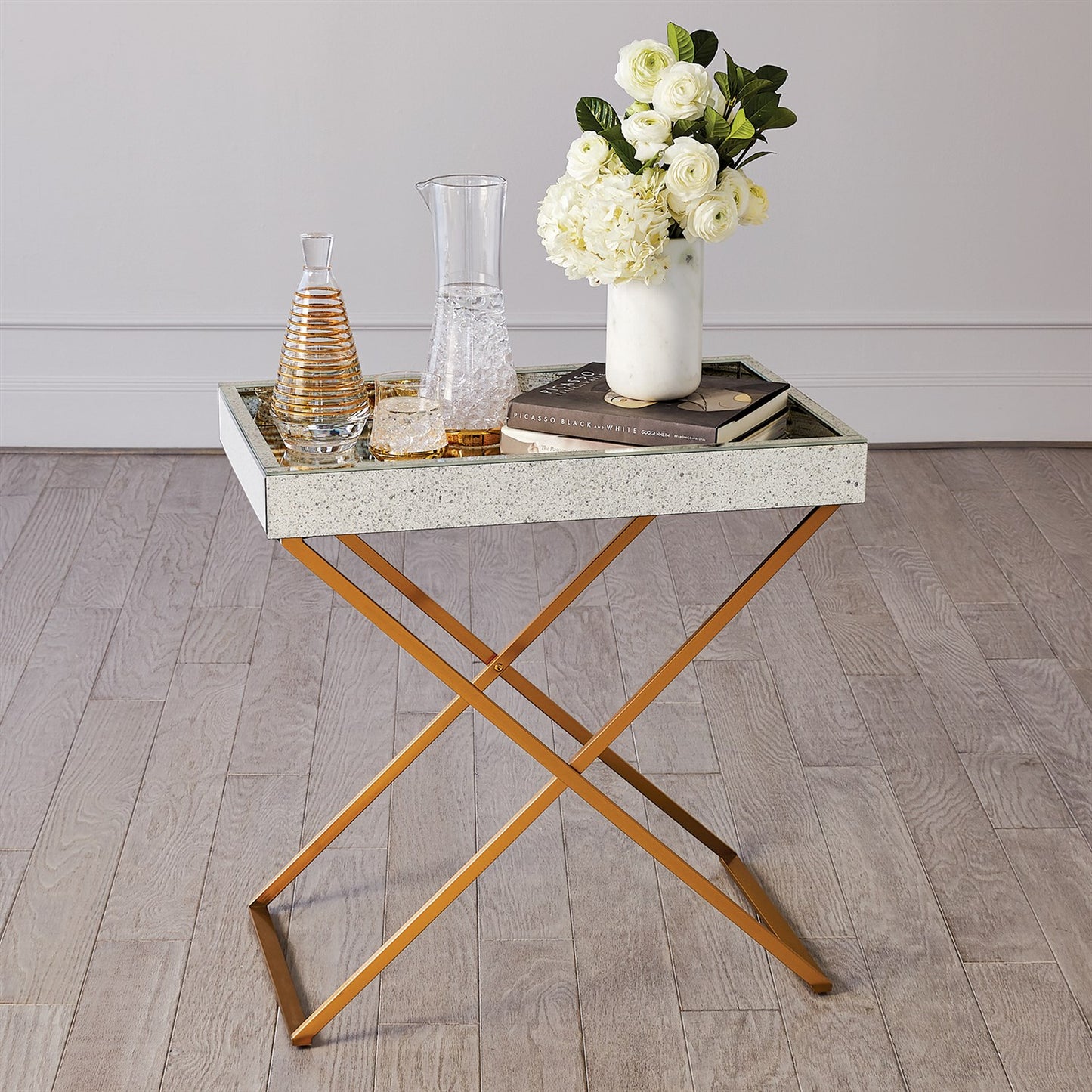 ANTIQUE MIRROR IN BRASS FOLDING TRAY TABLE